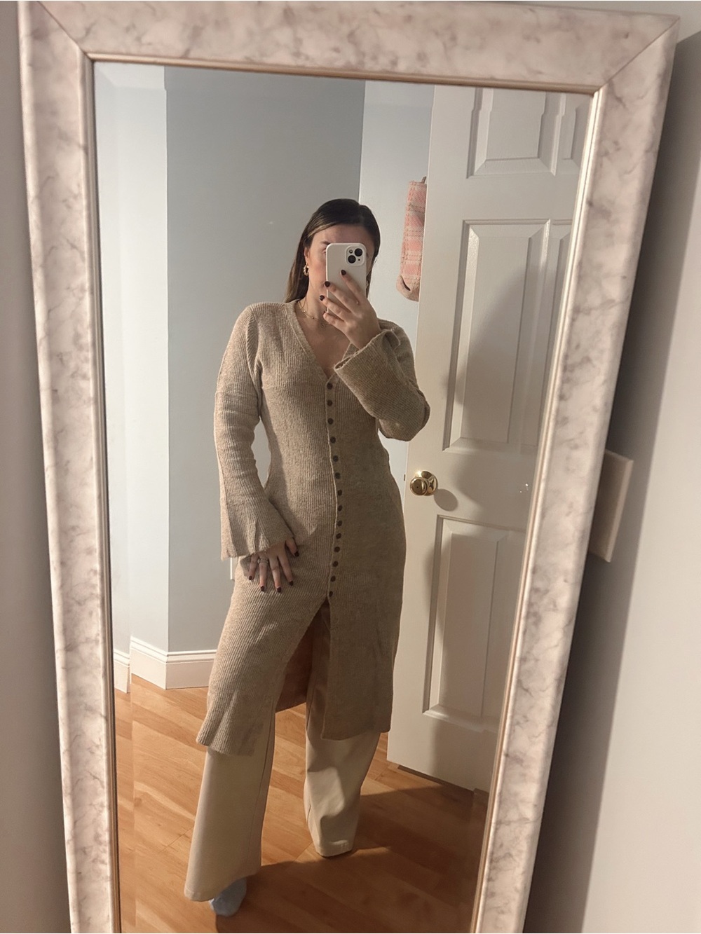 Beige Button-Front Knit Cardigan Dress